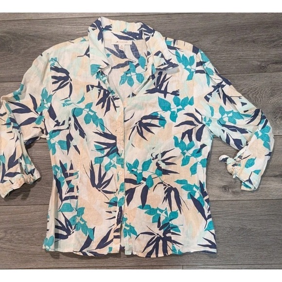 JM Collection Top Womens 16 Floral Print 100% Linen Button Up 3/4 Tie Sleeve - Picture 2 of 7